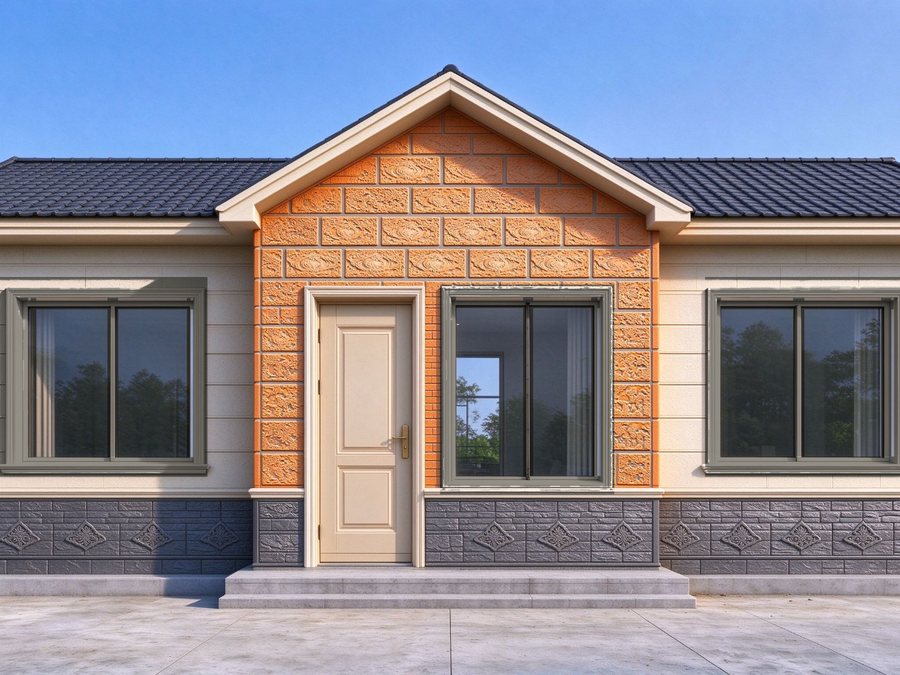 Single-storey villa facade with arched French windows and aluminium sliding doors