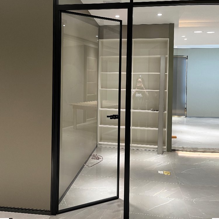 Hinged aluminium framed glass door with black profile